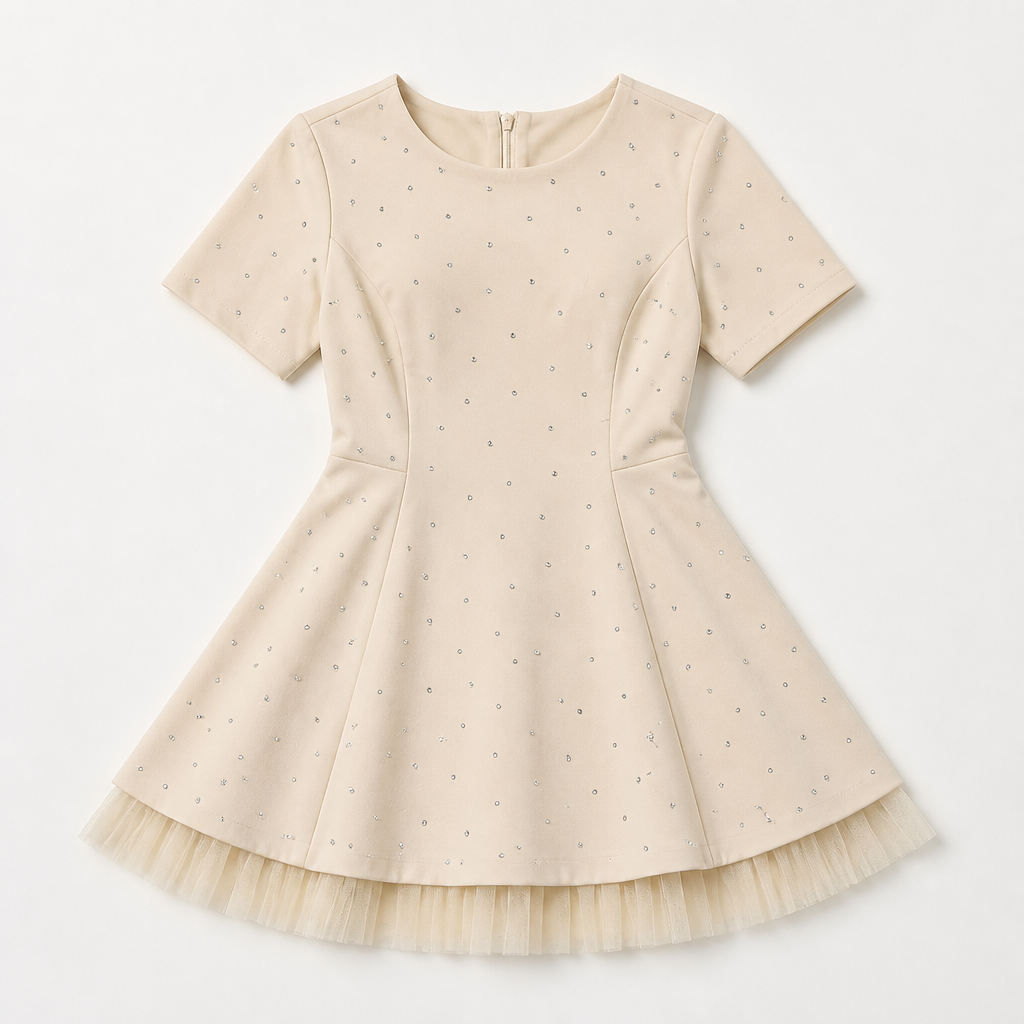 VeroLux™ – Mini Dress with Rhinestone Accents and Tiered Tulle Hem