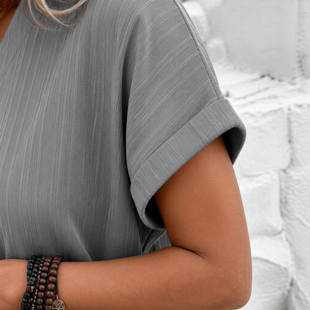 Veloria™ – Casual Ribbed V-Neck Shift Dress Featuring Button Detail