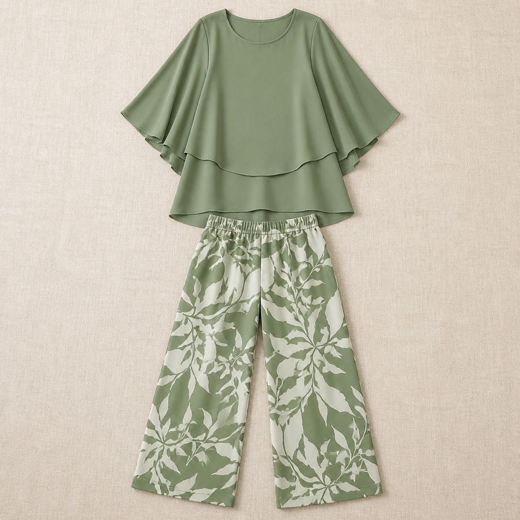 Flexara™ – Chic Layered Chiffon Blouse and Wide-Leg Patterned Pant Set