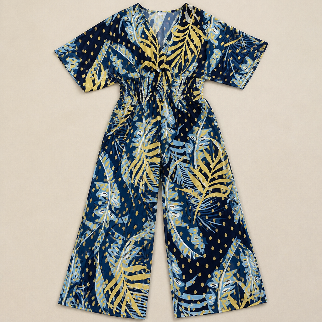 SerenaSculpt™ – Wide-Leg Jumpsuit with Tropical Print, V-Neck, and Smocked Waist