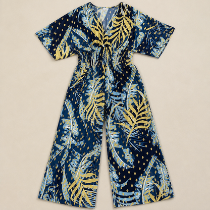 SerenaSculpt™ – Wide-Leg Jumpsuit with Tropical Print, V-Neck, and Smocked Waist