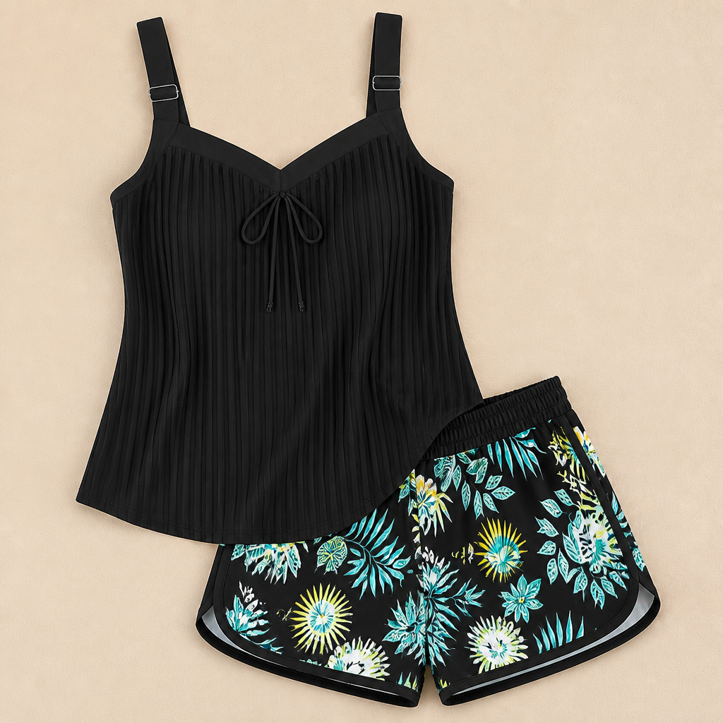 SoloraSway™ – Breezy Pleated Tankini with Coverage Shorts
