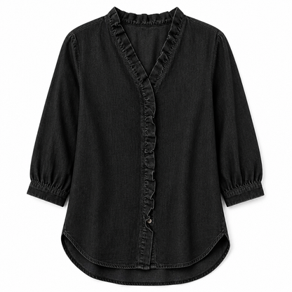 Brielle™ – Soft Chambray V-Neck Shirt with Ruffle and High-Low Hem