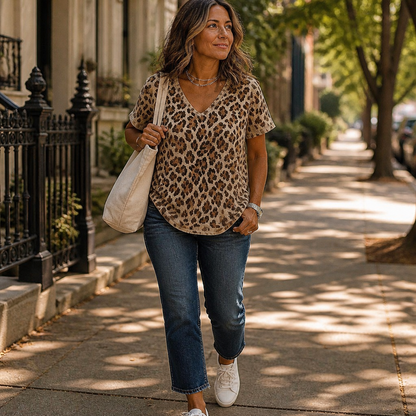 FierzaWear™ – Casual Leopard Print V-Neck Tee Featuring Cutout Detail