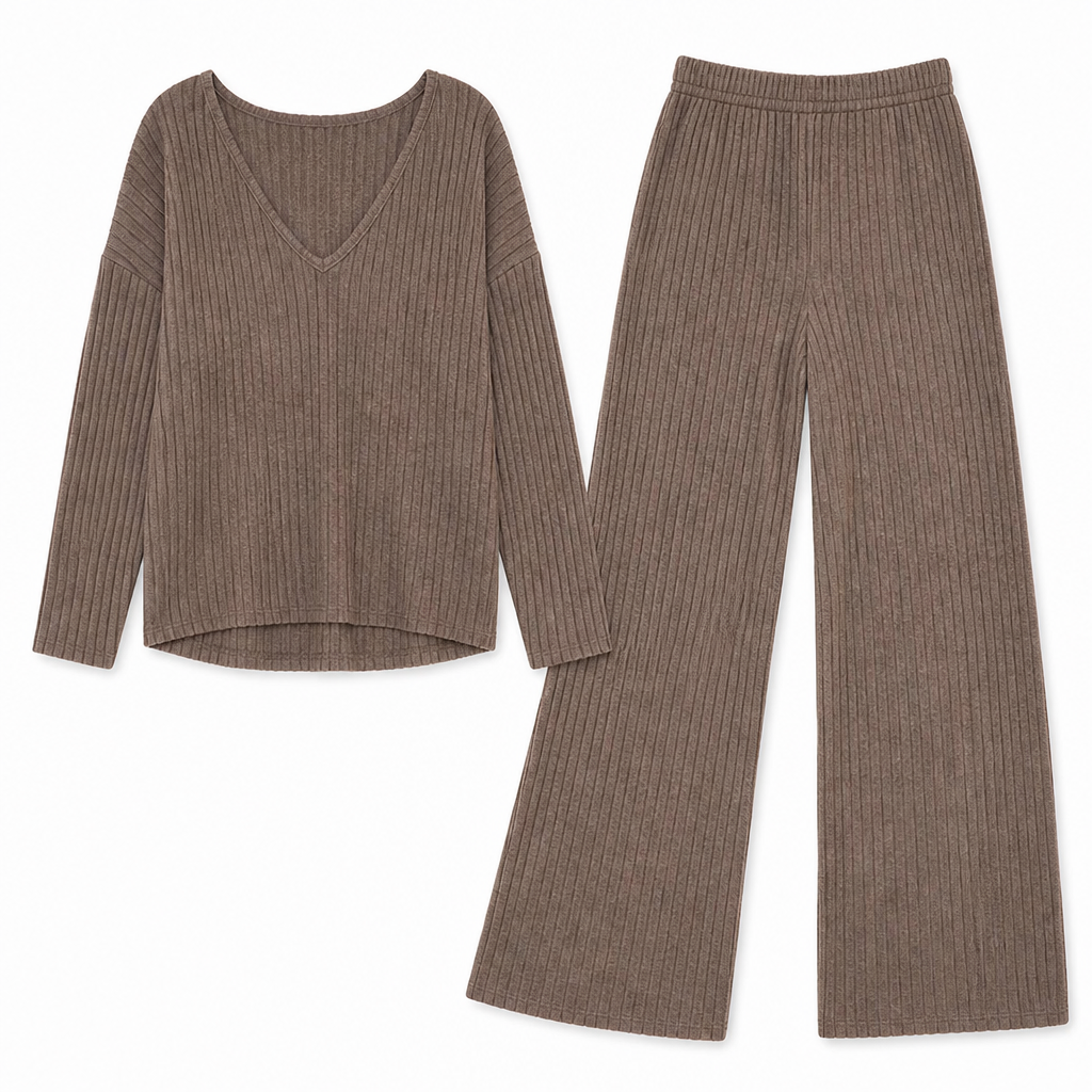 Serelis™ – Cozy Ribbed V-Neck Lounge Set with Wide-Leg Trousers