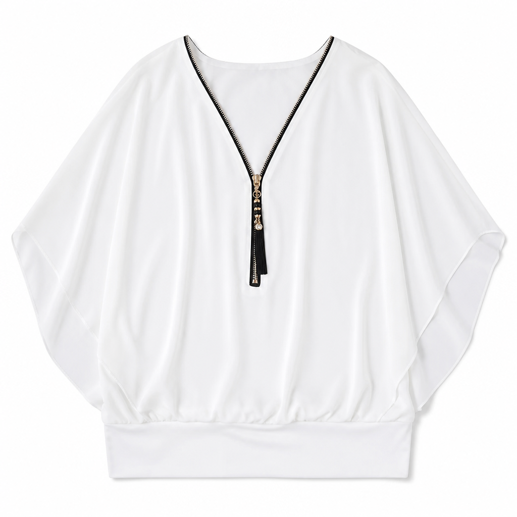LuminaFlex™ – Breezy Chiffon V-Neck Top with Zip Accent