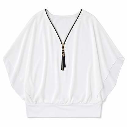 LuminaFlex™ – Breezy Chiffon V-Neck Top with Zip Accent