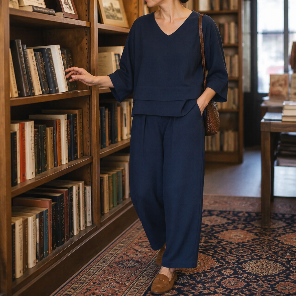 LioraLuxe™ – Casual Layered V-Neck Tee & Wide-Leg Trouser Set