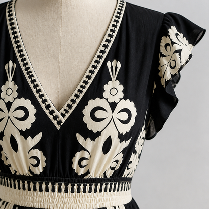 LuminaSway™ – Retro Baroque Pattern V-Neck Maxi Dress