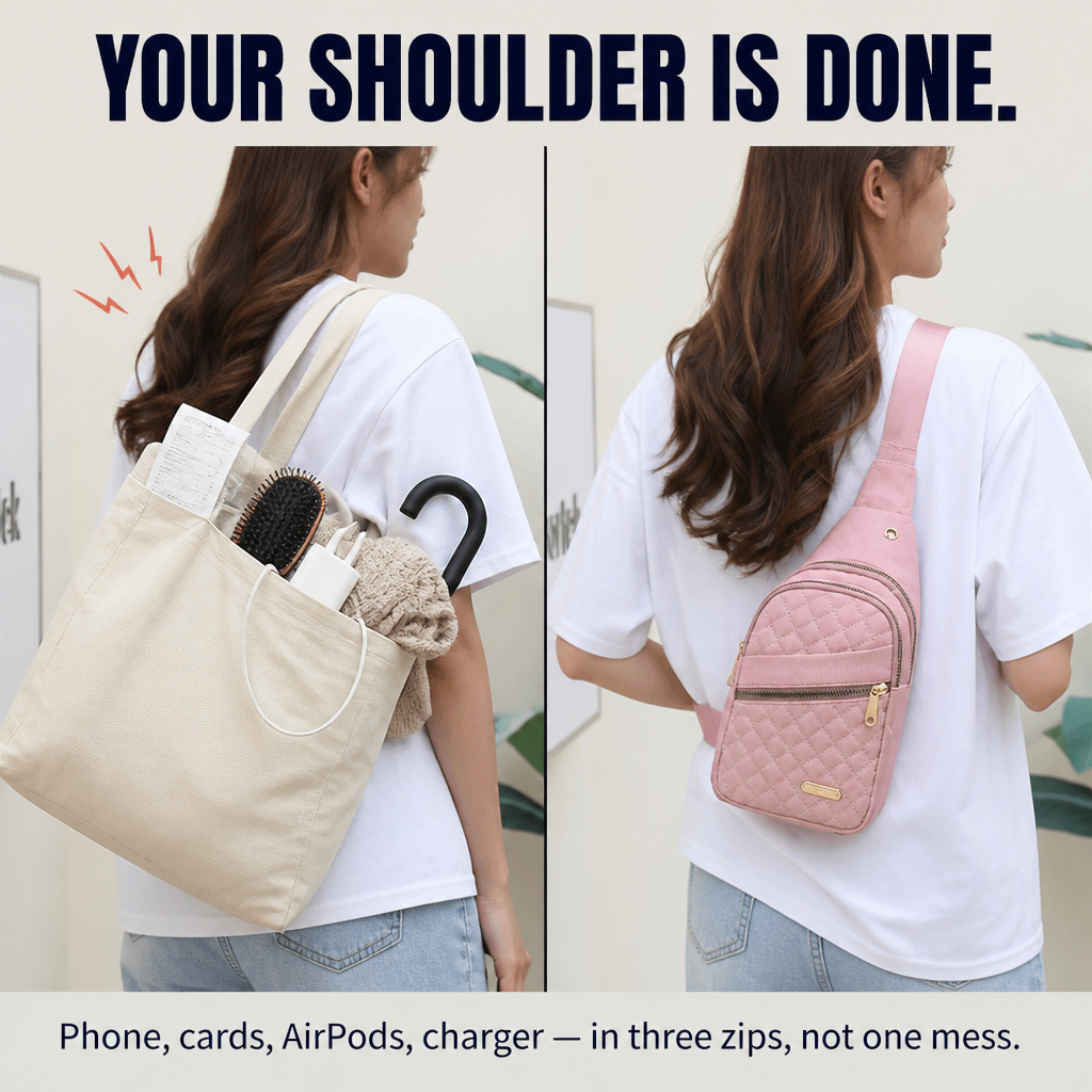 VertaCarry™ — Skip the Tote and Hold Your Day in Three Zip Pockets