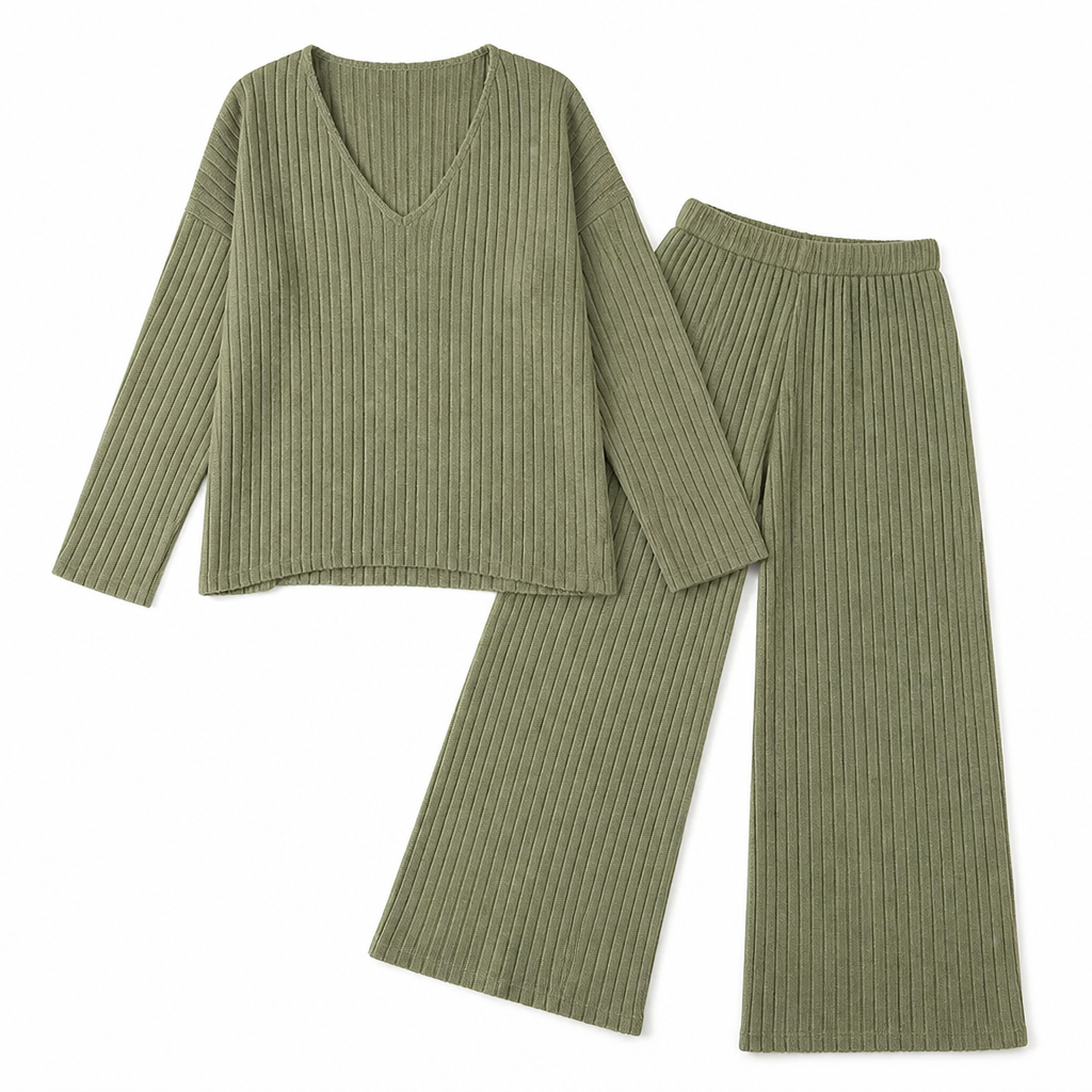 Serelis™ – Cozy Ribbed V-Neck Lounge Set with Wide-Leg Trousers