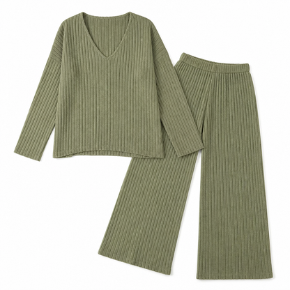 Serelis™ – Cozy Ribbed V-Neck Lounge Set with Wide-Leg Trousers
