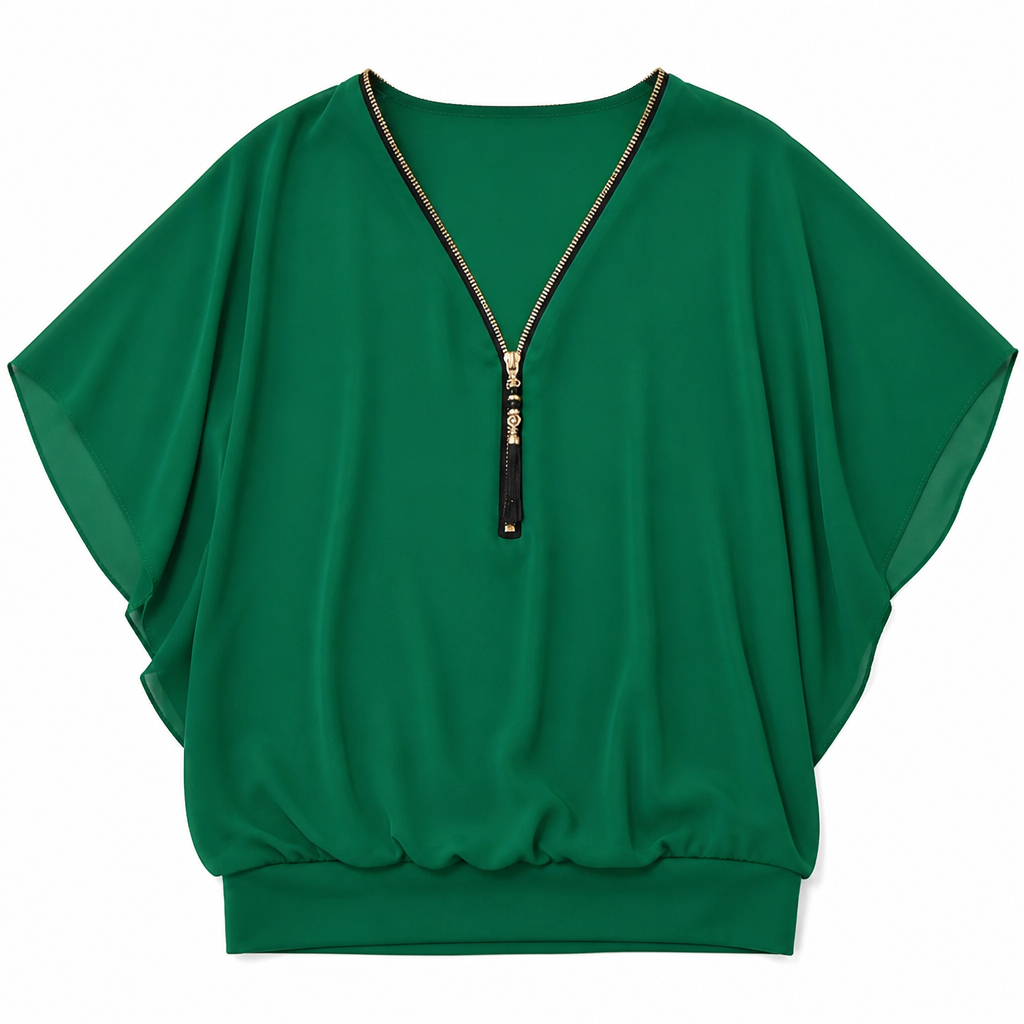 LuminaFlex™ – Breezy Chiffon V-Neck Top with Zip Accent