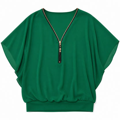 LuminaFlex™ – Breezy Chiffon V-Neck Top with Zip Accent
