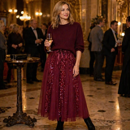 Soraya™ – Sparkling Sequin Tulle Midi Skirt & Soft Knit Sweater Set