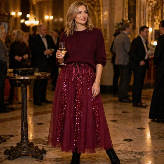 Soraya™ – Sparkling Sequin Tulle Midi Skirt & Soft Knit Sweater Set