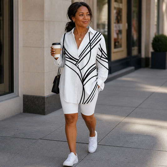 LumaLuxe™ – Casual Linework Print Button-Up Shirt with Pockets