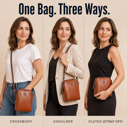 VividAura™ — Soft-Leather Crossbody for Phone, Cards & Lipstick All-in-One