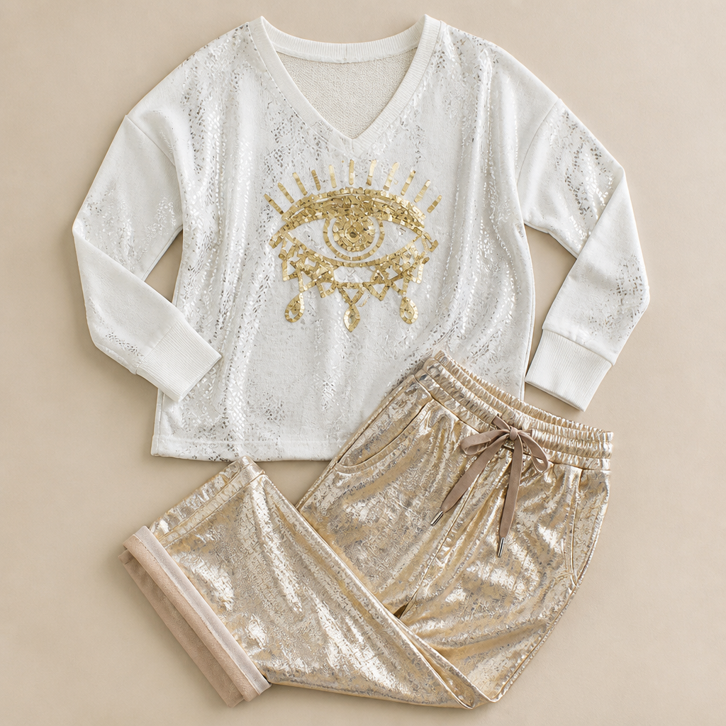 LumaDaze™ – Shimmering Metallic Pant Set with Sequin Evil Eye Top