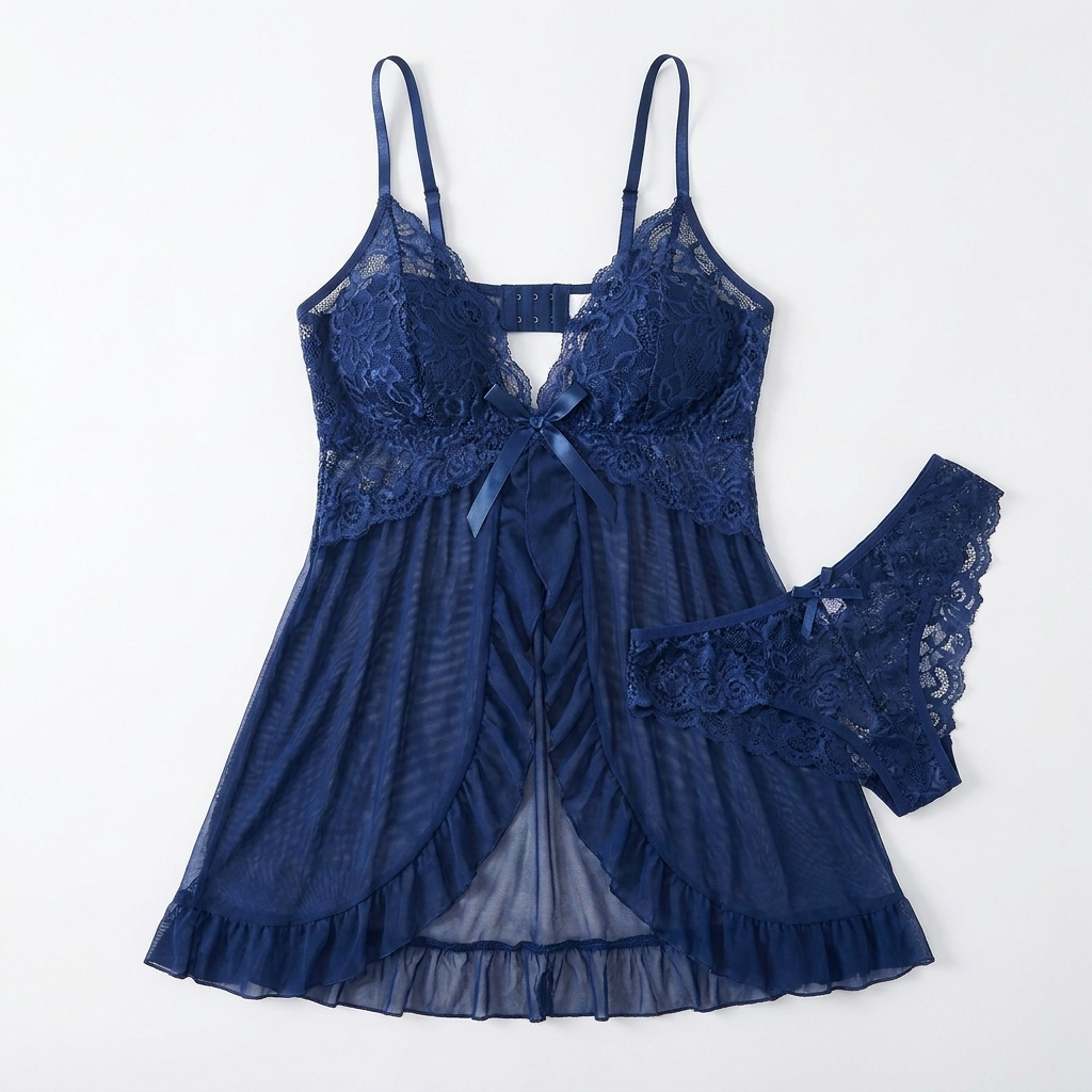 Soirée™ – Lace V-Neck Babydoll Set Featuring Sheer Mesh Skirt