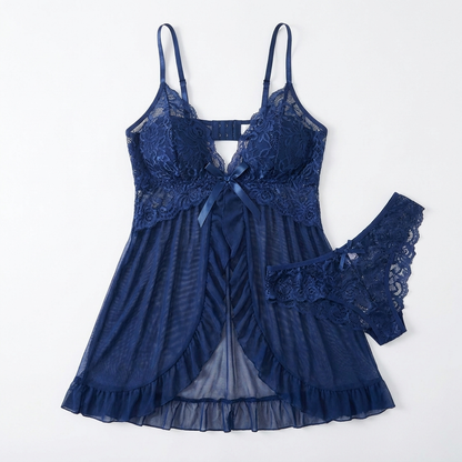 Soirée™ – Lace V-Neck Babydoll Set Featuring Sheer Mesh Skirt