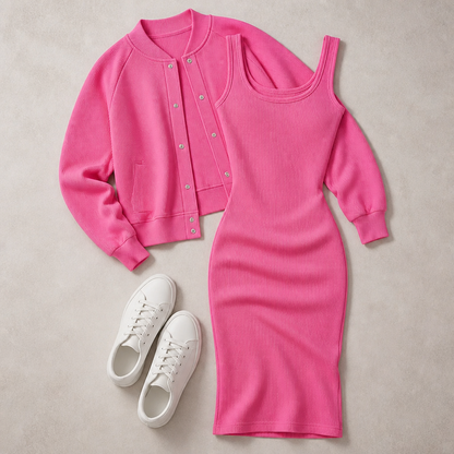 LunaCurve™ – Soft Knit Midi Bodycon Dress with Coordinated Cropped Jacket