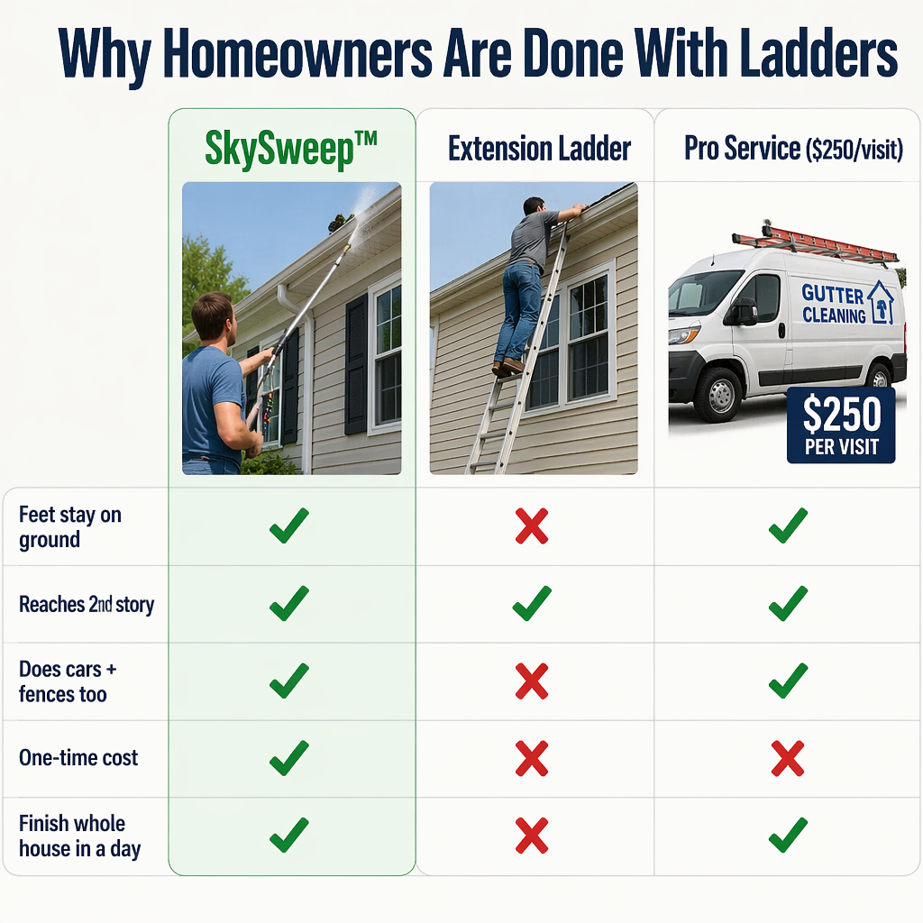 SkySweep™ — Clear Gutters, Siding & Upstairs Grime Without Stepping on a Ladder
