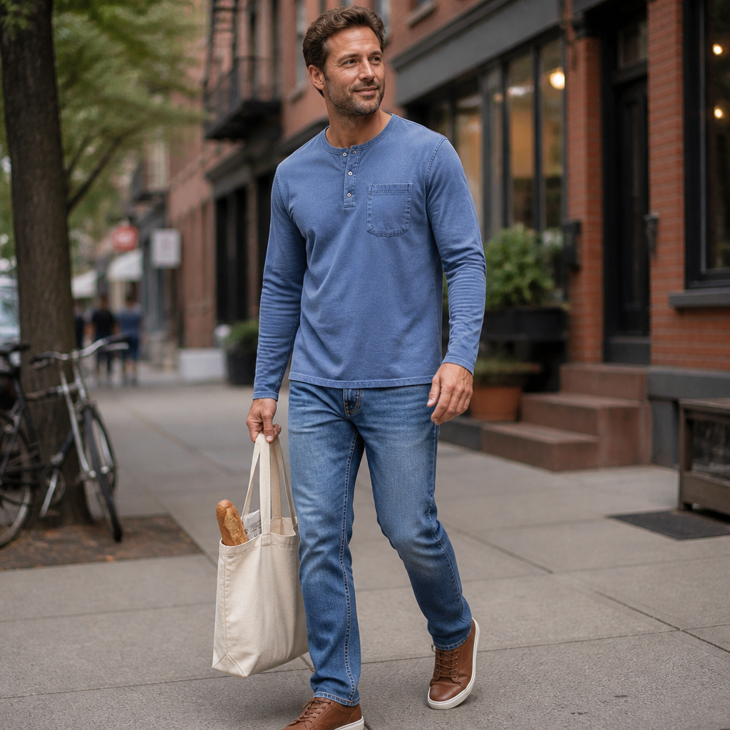 VeroVibe™ – Retro Washed Long Sleeve Henley Featuring Chest Pocket