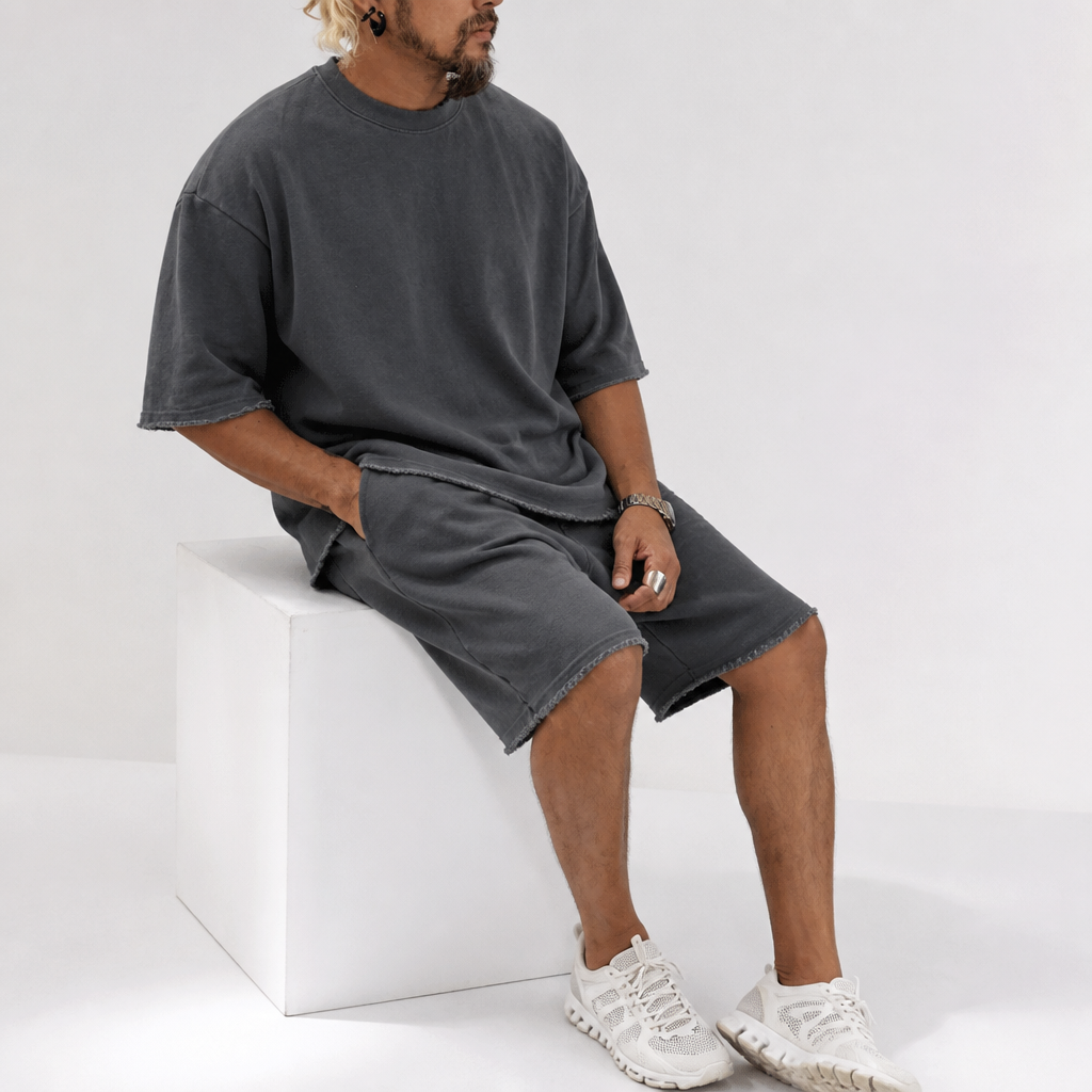 ArdentFlex™ – Comfortable Loose-Fit Raw-Edge Tee & Shorts Set