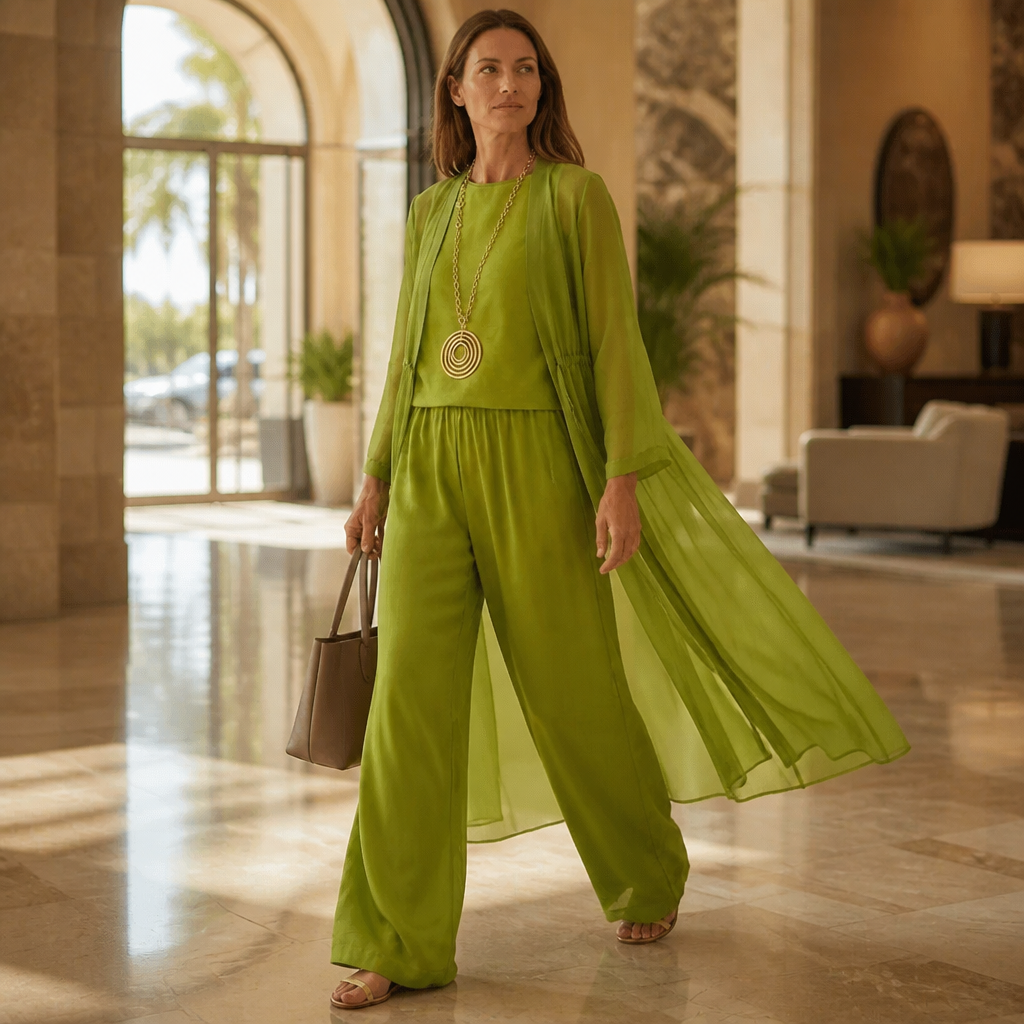 AristaLuxe™ – Draped Three-Piece Wide-Leg Pants Set with Sheer Chiffon Duster