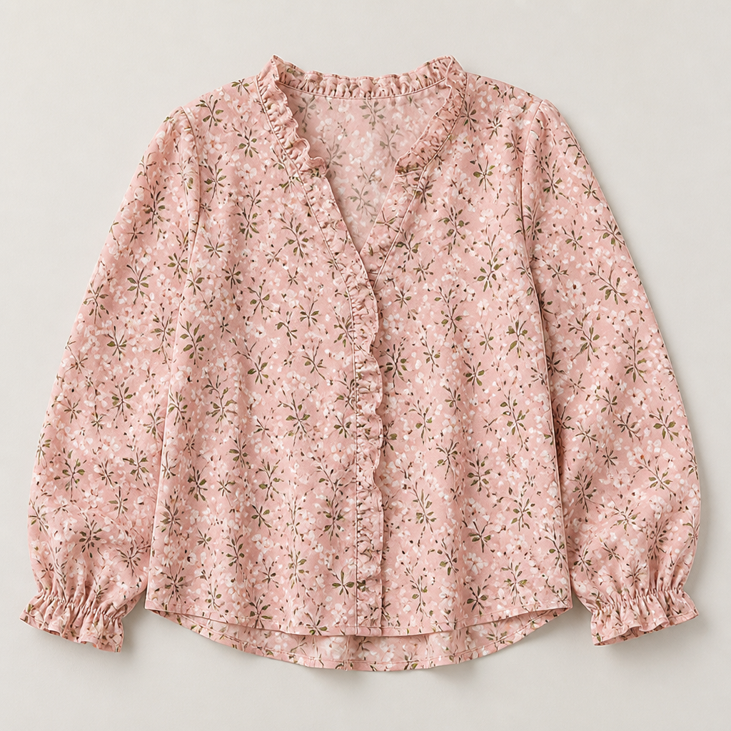 FlairMist™ – Romantic V-Neck Ruffle Blouse with Lantern Sleeves