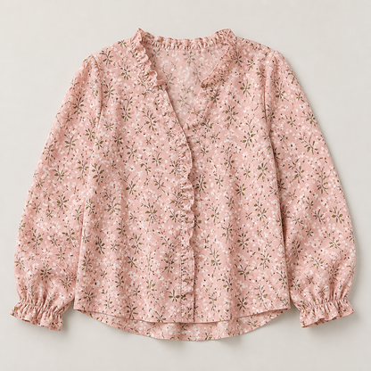 FlairMist™ – Romantic V-Neck Ruffle Blouse with Lantern Sleeves