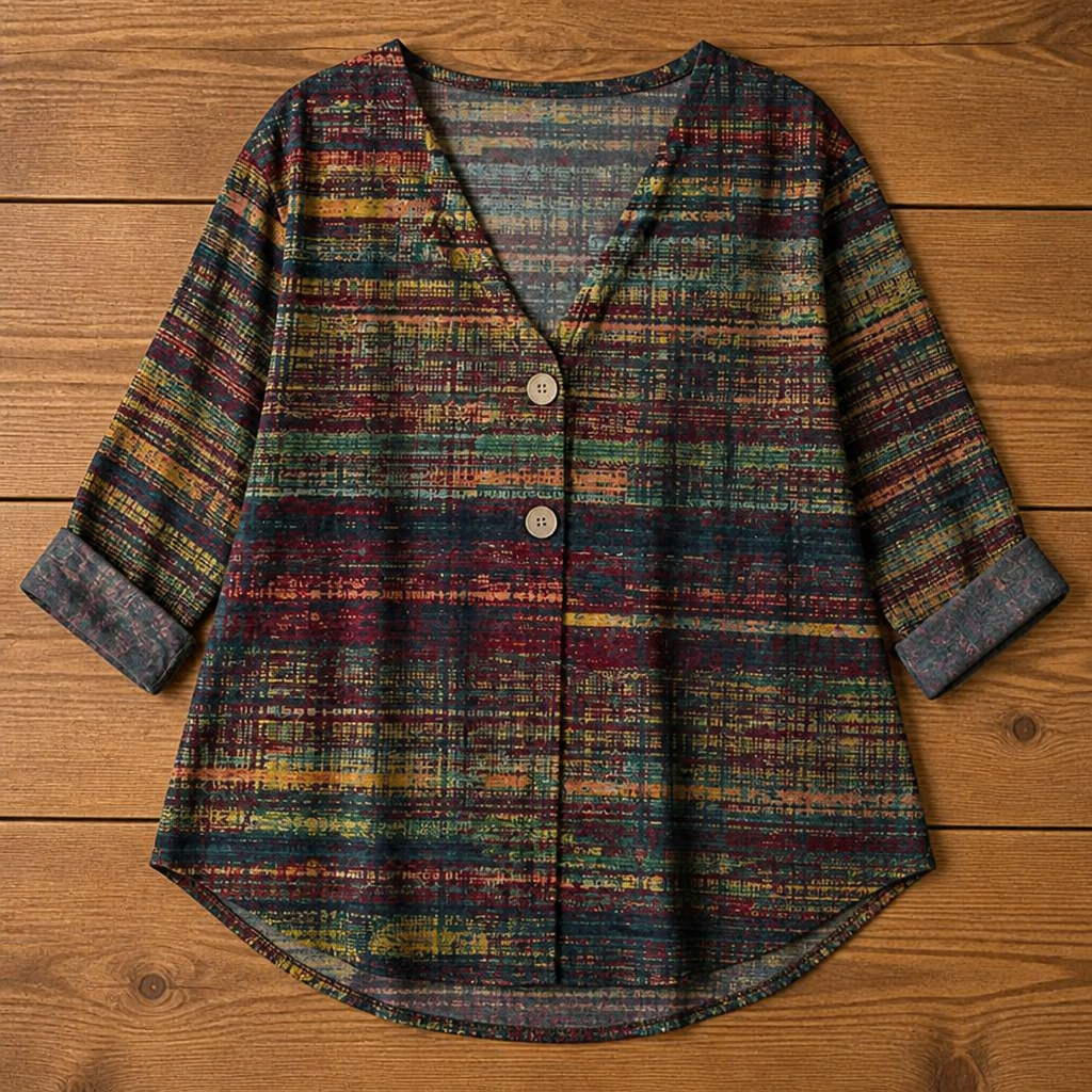 LuminaBelle™ – Retro Print V-Neck Blouse Featuring Rolled Cuff Sleeves