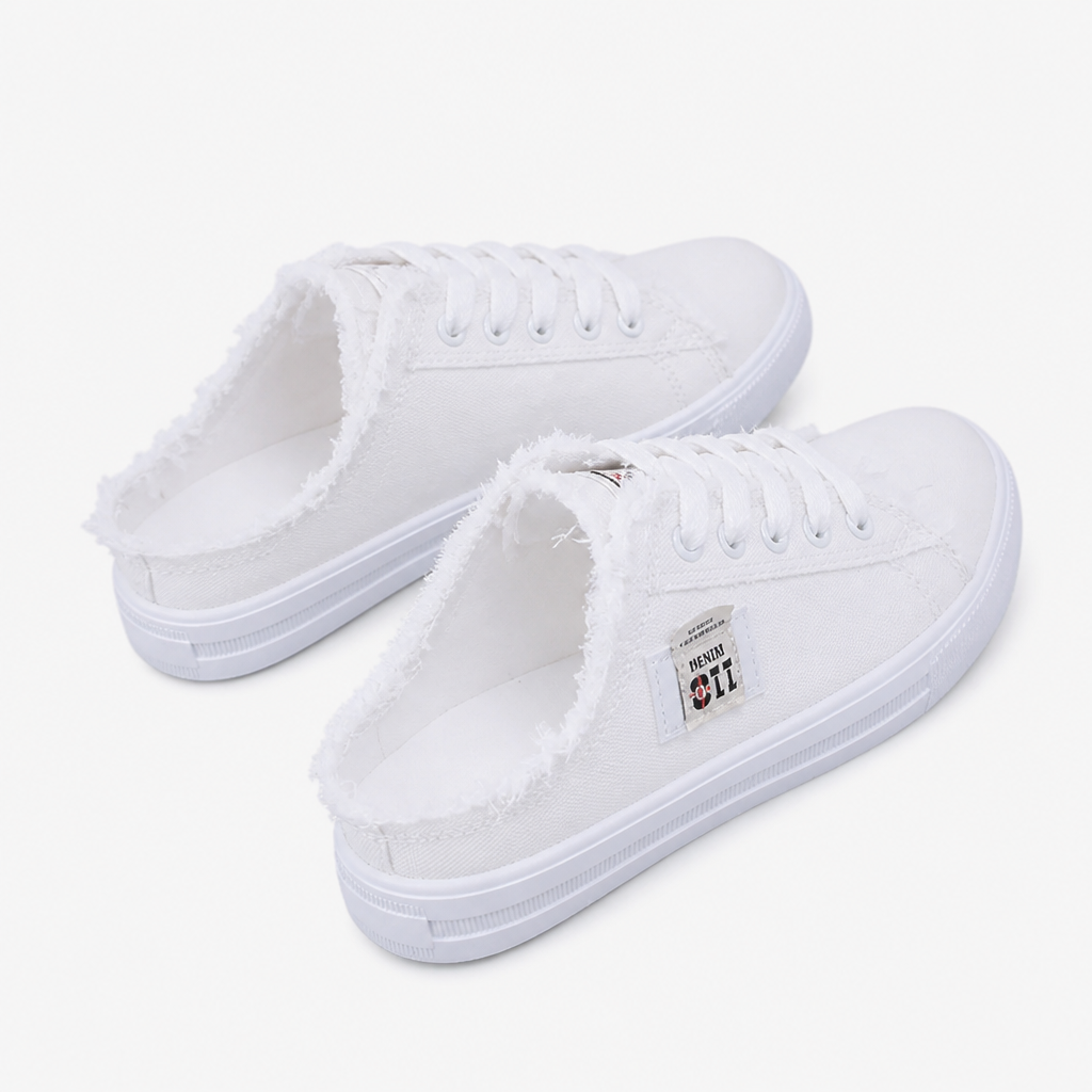 StridePulse™ – Casual Denim Mules with Frayed Edge Sneakers