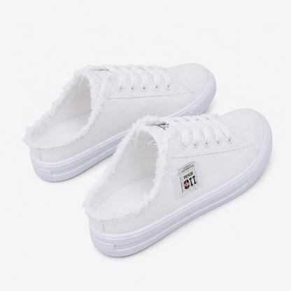 StridePulse™ – Casual Denim Mules with Frayed Edge Sneakers