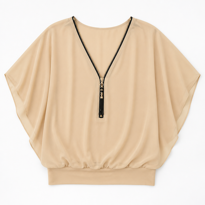 LuminaFlex™ – Breezy Chiffon V-Neck Top with Zip Accent