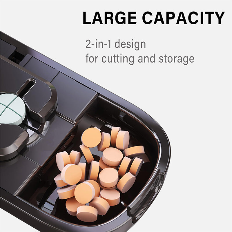 Portable pill organizer with cutter