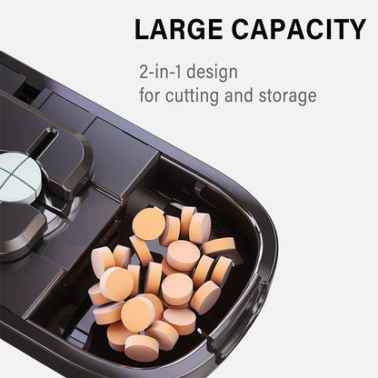 Portable pill organizer with cutter