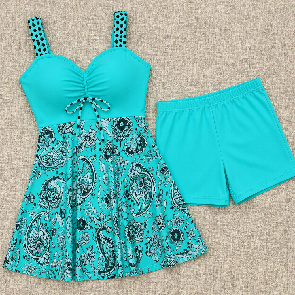 OceaniAura™ – Breezy Paisley Tankini Dress with Boxer Shorts