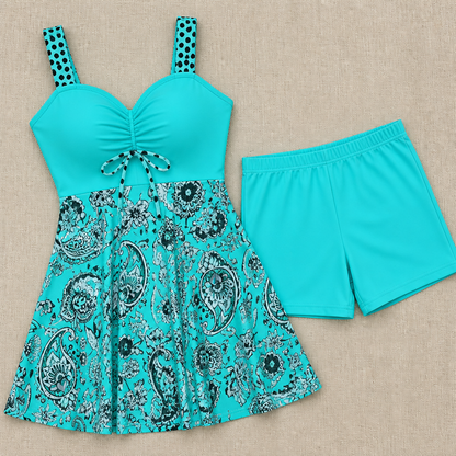 OceaniAura™ – Breezy Paisley Tankini Dress with Boxer Shorts