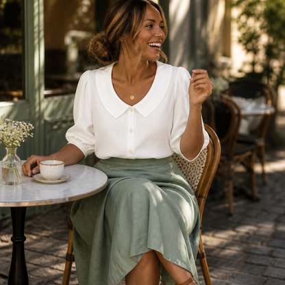 LuminaLuxe™ – Gentle Peter Pan Collar Half-Sleeve Top