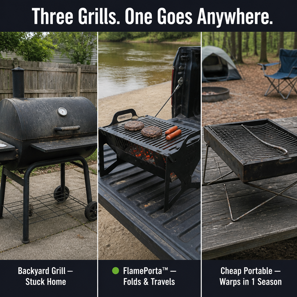 FlamePorta™ — Collapse a Rugged Steel Grill Flat and Cook Anywhere on Your Trip
