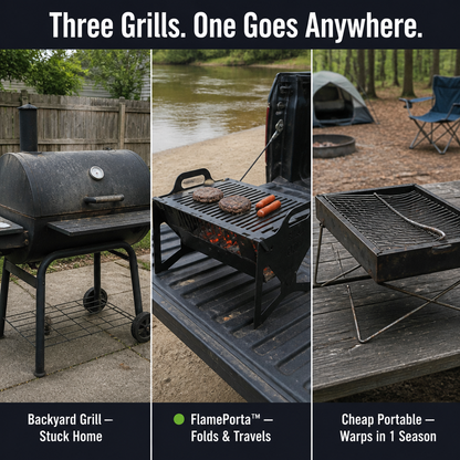 FlamePorta™ — Collapse a Rugged Steel Grill Flat and Cook Anywhere on Your Trip