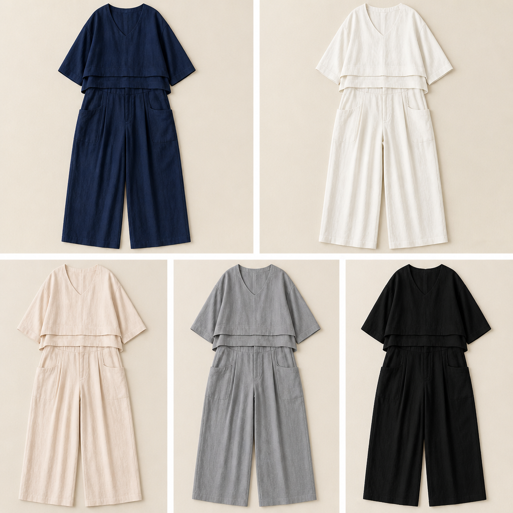 LioraLuxe™ – Casual Layered V-Neck Tee & Wide-Leg Trouser Set