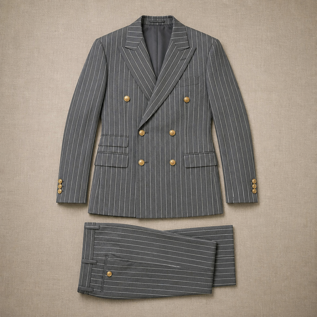 Voltura™ – Double-Breasted Pinstripe Suit with Peaked Lapels