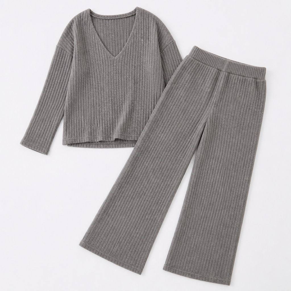 Serelis™ – Cozy Ribbed V-Neck Lounge Set with Wide-Leg Trousers
