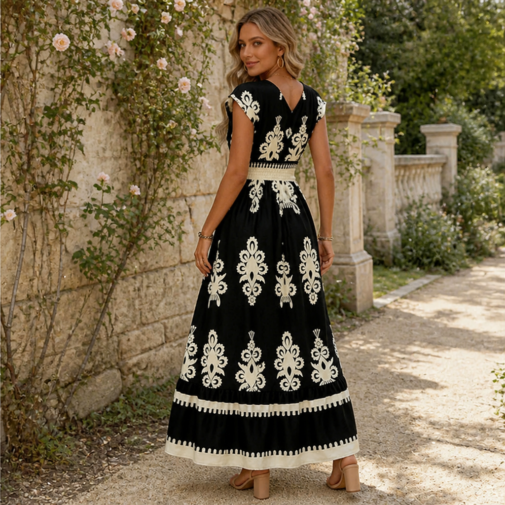 LuminaSway™ – Retro Baroque Pattern V-Neck Maxi Dress