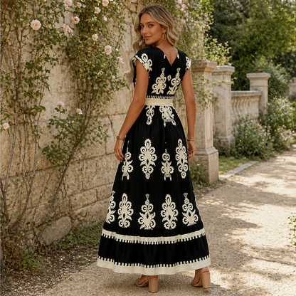 LuminaSway™ – Retro Baroque Pattern V-Neck Maxi Dress