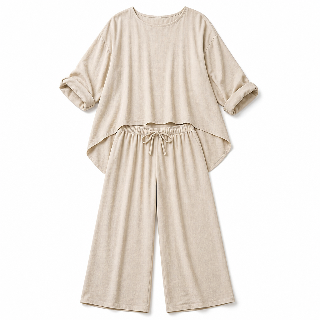 TrueStyle™ – Laid-Back Two-Piece Outfit with Asymmetric Hem & Wide-Leg Trousers