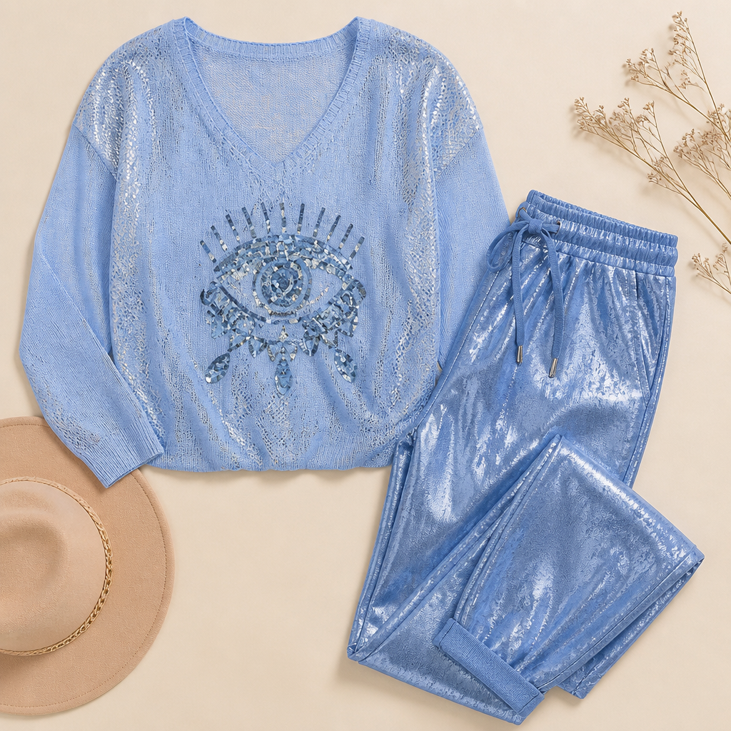 LumaPulse™ – Sequined Eye Top Paired with Metallic Drawstring Pants Set